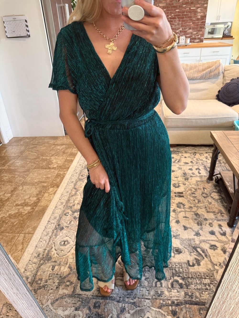 Nicole Miller Emerald Pleated Wrap Maxi Dress